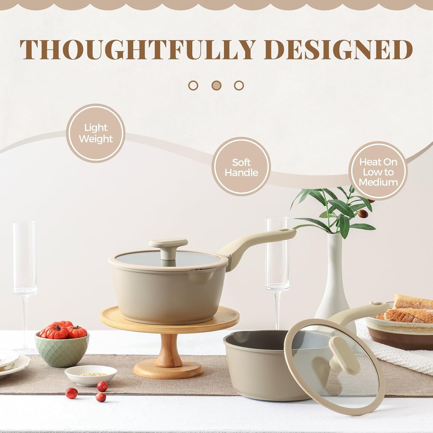 PRICUSIS Nonstick Saucepan Set with Lids, 2QT and 2.7QT Sauce Pan Set, Non Toxic Sauce Pots with Pour Spouts for Multipurpose Use, PFOA Free, Induction Compatible Apricot