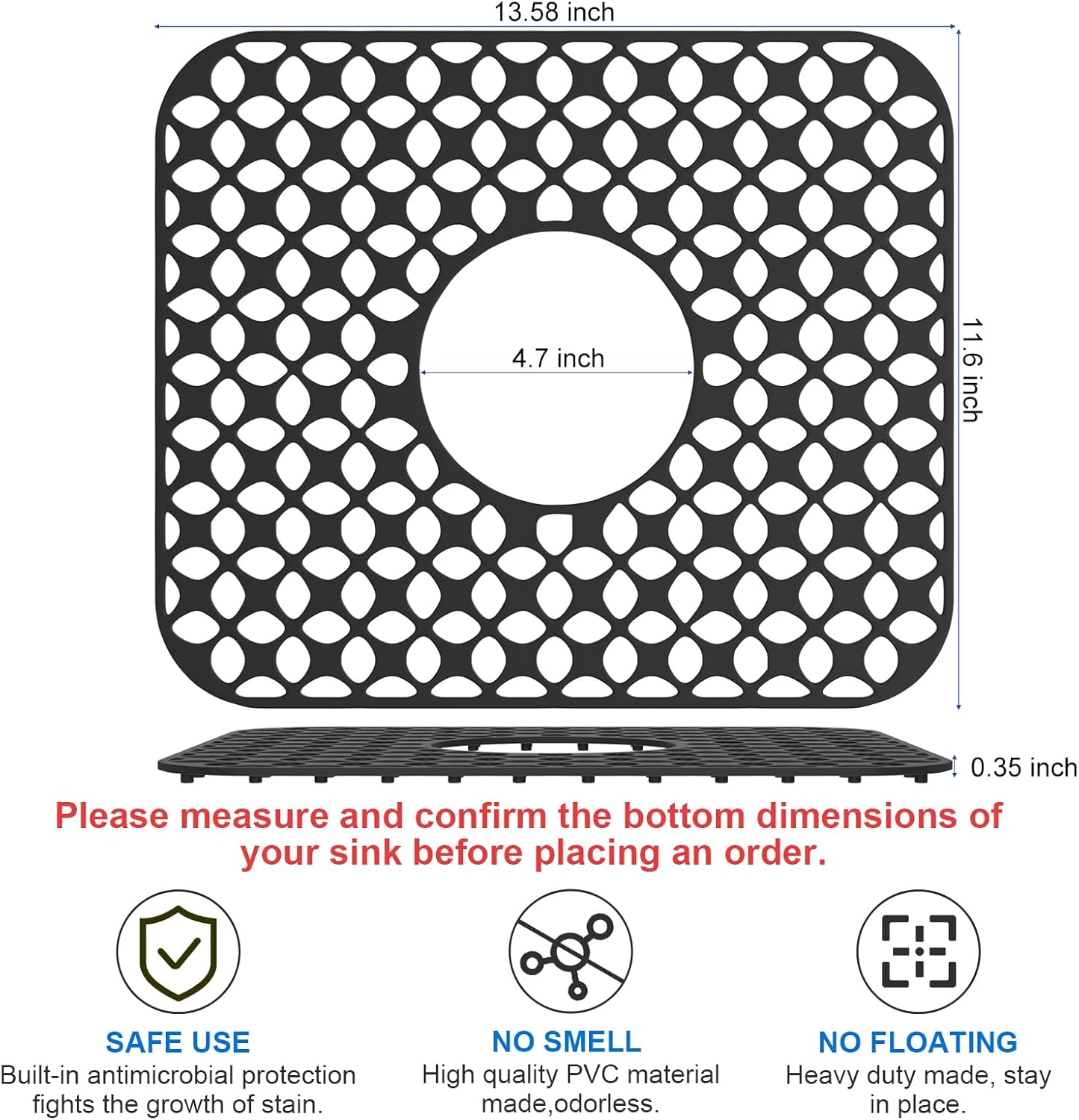 TOOVEM Kitchen Sink Mats, 2PCS Non-Slip Heat Resistant Silicone Sink Protector Mat, Folding Farmhouse Rear Drain Sink Mats (Type2: Center Drain, Black)
