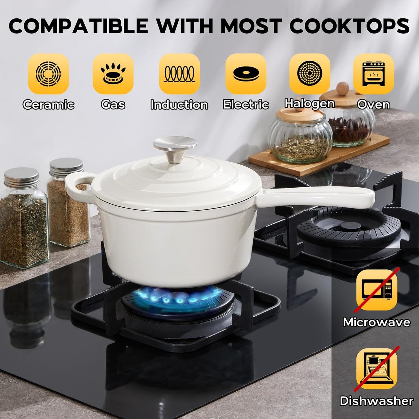 1QT Sauce Pan, Onader Enameled Cast Iron Saucepan Dutch Oven Pot with Lid, Small Cooking Sauce Pot, Nonstick & Oven Safe – White