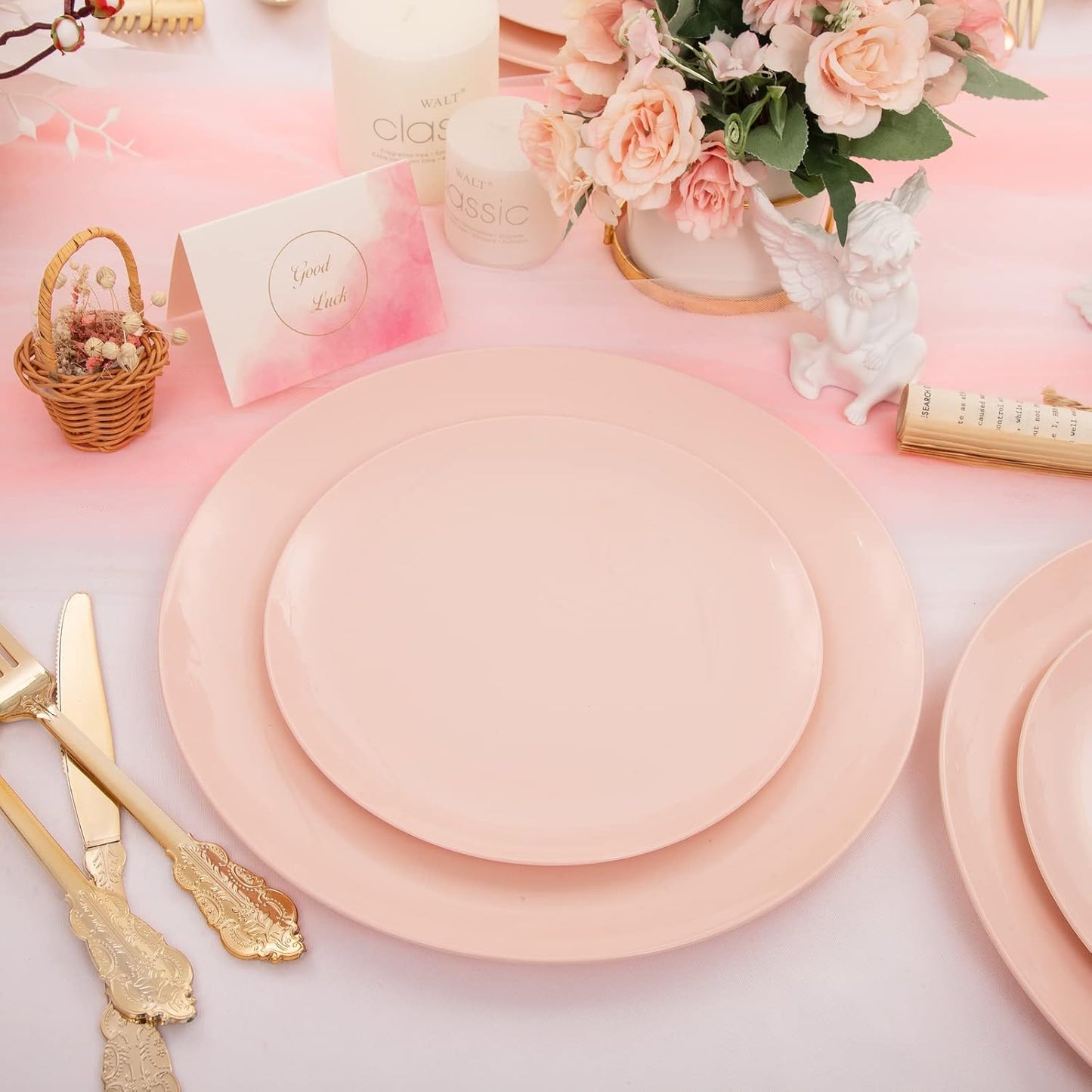 KIRE 60PCS Pink Plastic Plates Disposable - Heavy Duty Pink Plates for Party - Include 30Pieces 10.25inch for Dinner and 30Pieces 7.5inch for Dessert Salad