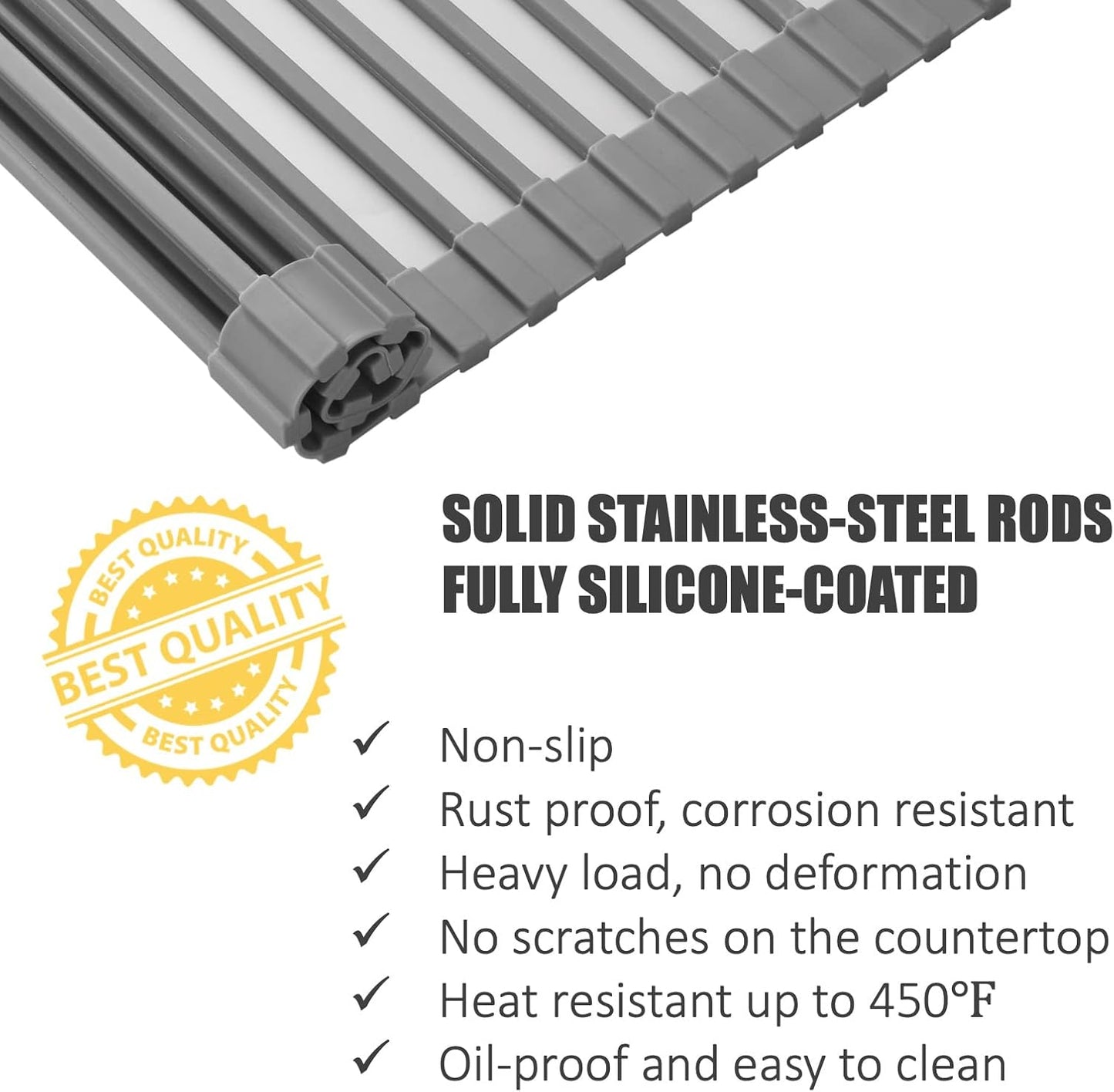 Silicone-Coated Stainless Steel Over The Sink Multipurpose Roll-Up Dish Drying Rack, 20.8"X13.2", Heat Resistant Non Slip Dish Draining Rack BPA Free Dishwasher Safe (L, Gray)