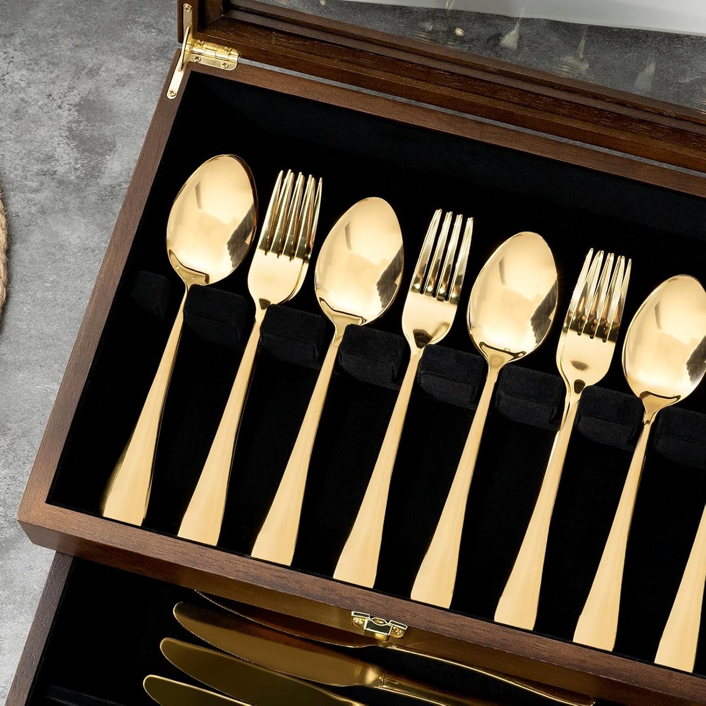 Silverware Box, 2-Layer Wooden Silverware Storage Box with Glass Lid, 14.5×10.6 Inches Luxury Style Decor Flatware Storage Case for Fine Flatware & Utensils, Gift Idea (Walnut)