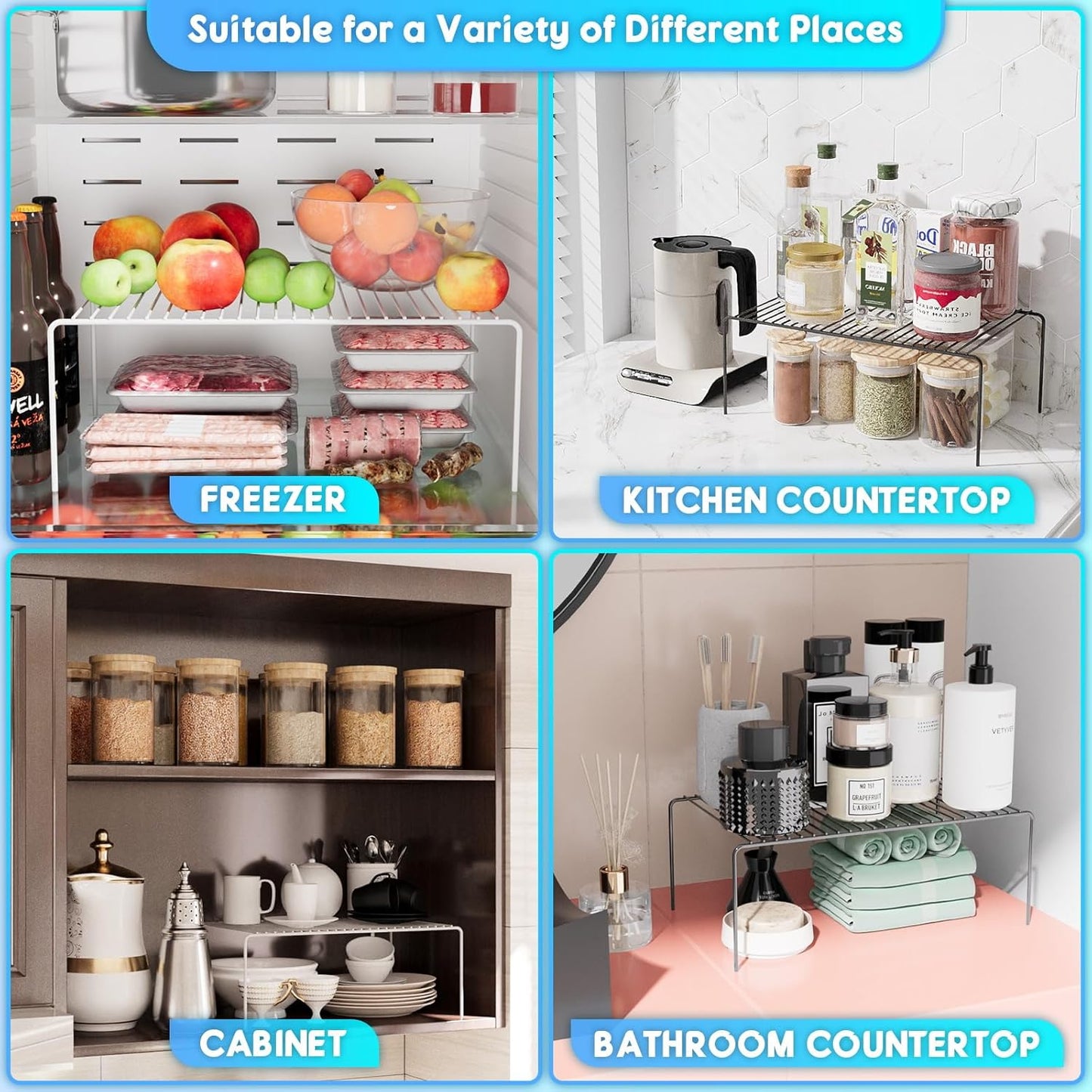 Large(15.7 x 9.4 inch)White Cabinet Storage Shelf Rack Set of 6, Rustproof Metal Wire Kitchen Counter Organizers and Storage, Spice Organization for Cabinet, Plate, Dish, Pantry, Bathroom, Fridge