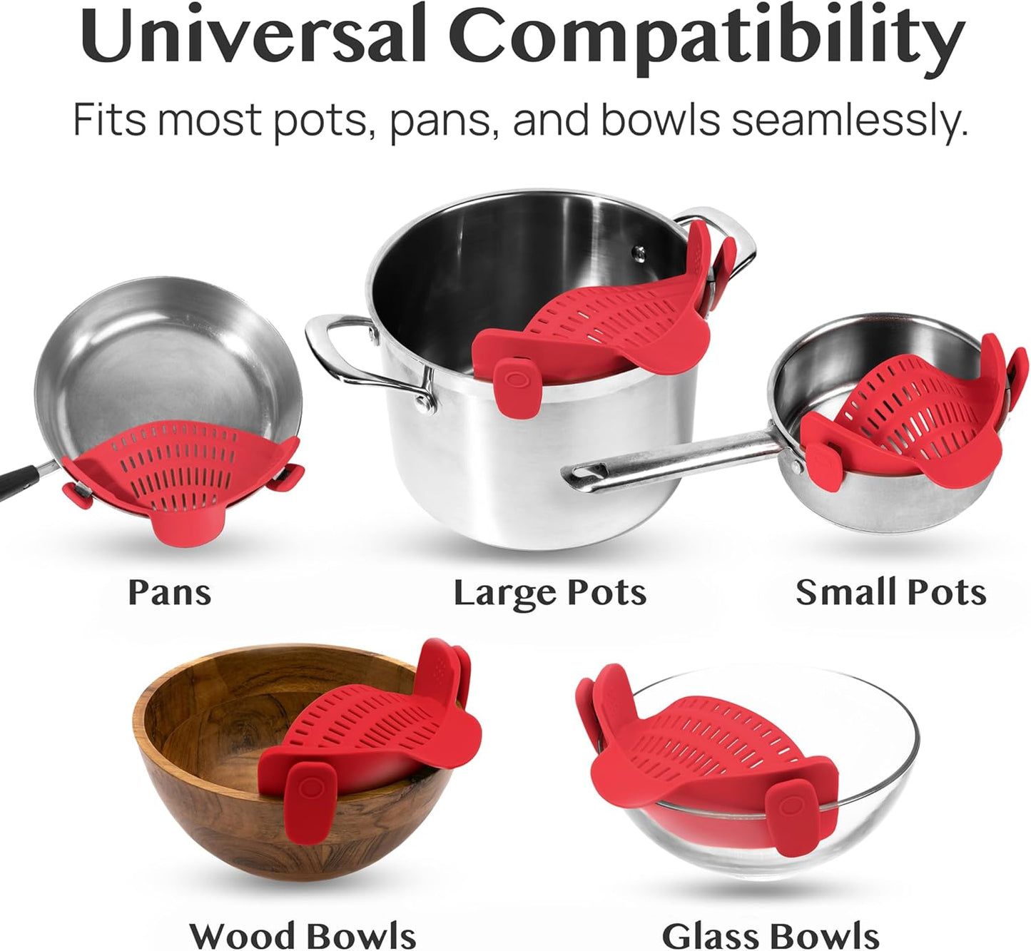 Kitchen Gizmo Snap N Strain Silicone Pot Strainer - Adjustable Clip-On Pasta Strainer for Pots, Pans, and Bowls - Large Red Kitchen Colander