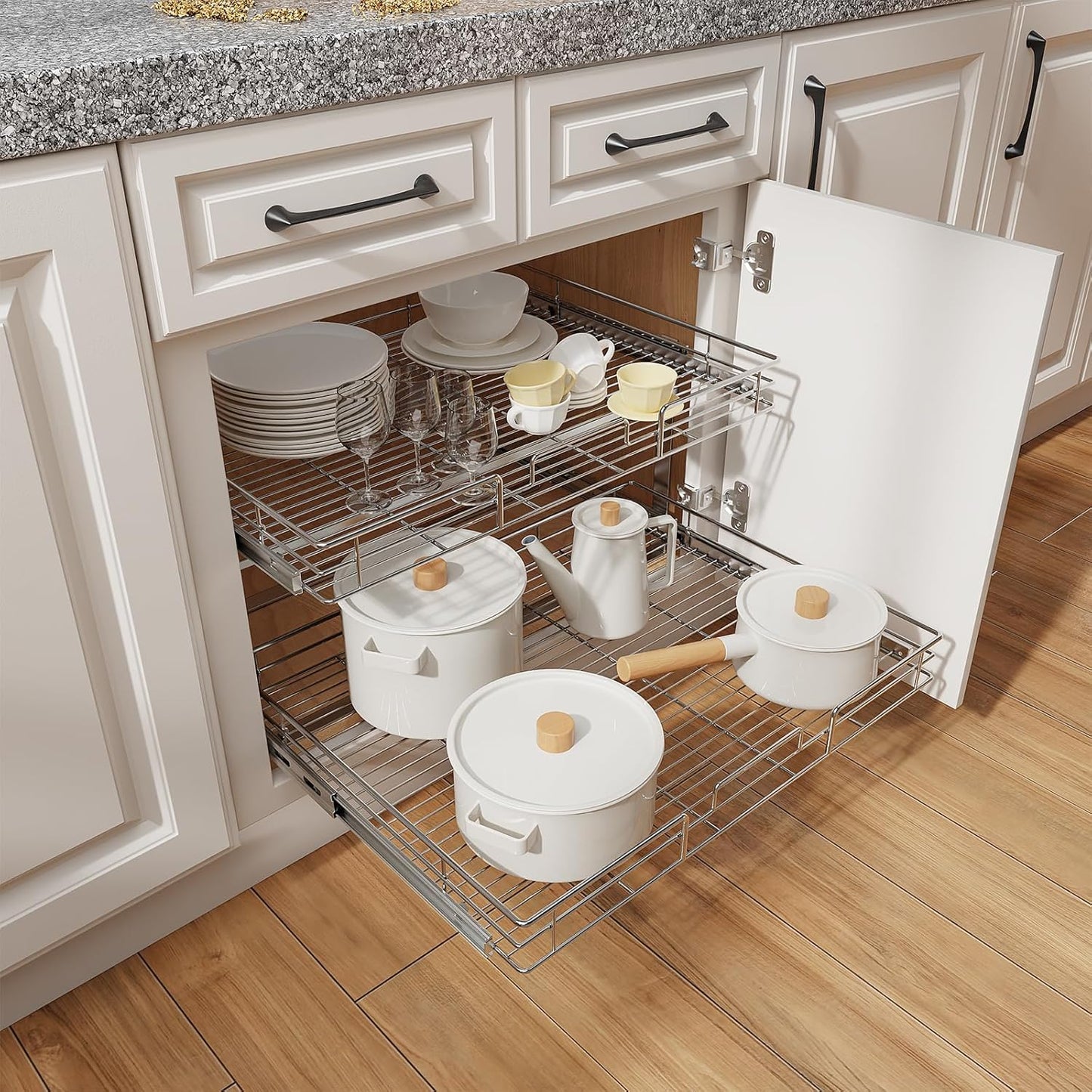 ROOMTEC Individual Pull Out Cabinet Organizer (27" W x 21½" D), 2 Tier Spice Rack Organizer for Cabinet, Slide Out Drawer Pantry Shelf Organization and Storage for Kitchen Bathroom