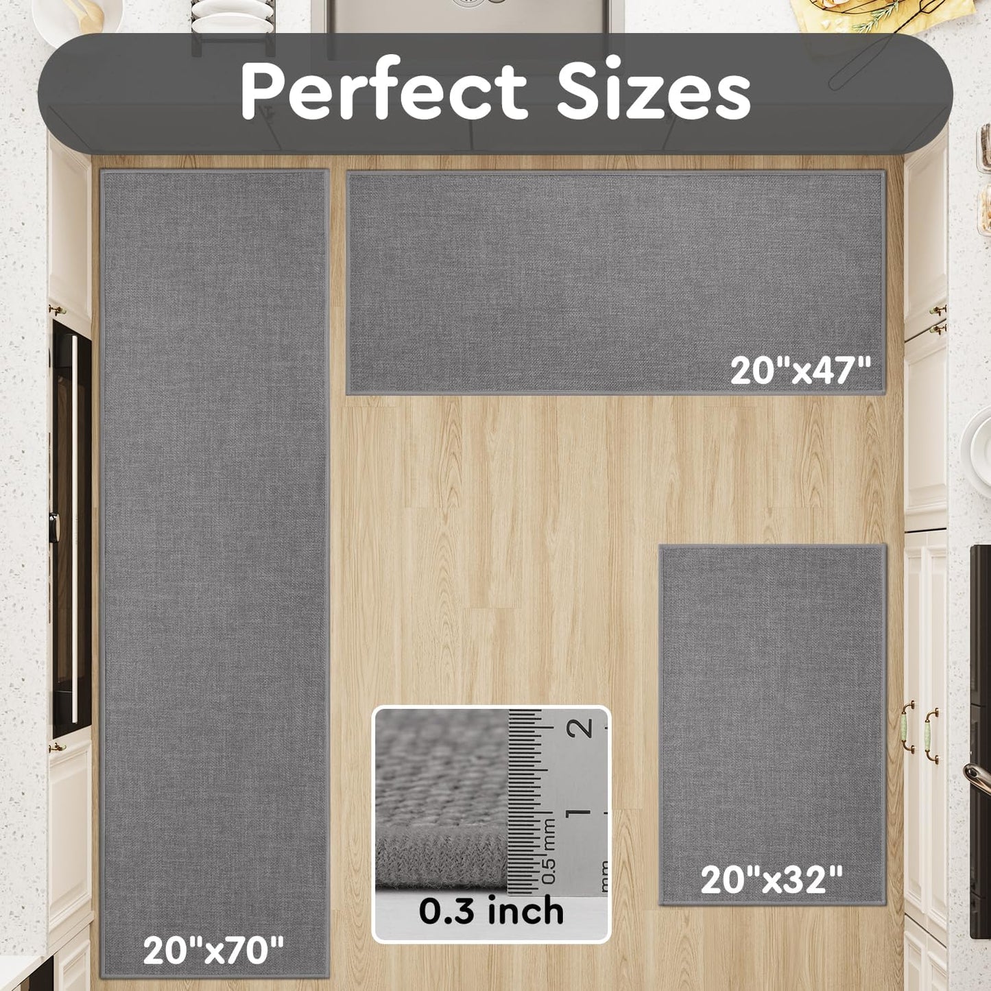 tchdio Kitchen Mats for Floor, Rubber Backed Kitchen Rugs Non Slip Washable, Superior Absorbent Kitchen Runner Rug Easy to Clean, Comfort Kitchen Floor Mat Front of Sink (Grey, 20" × 70")