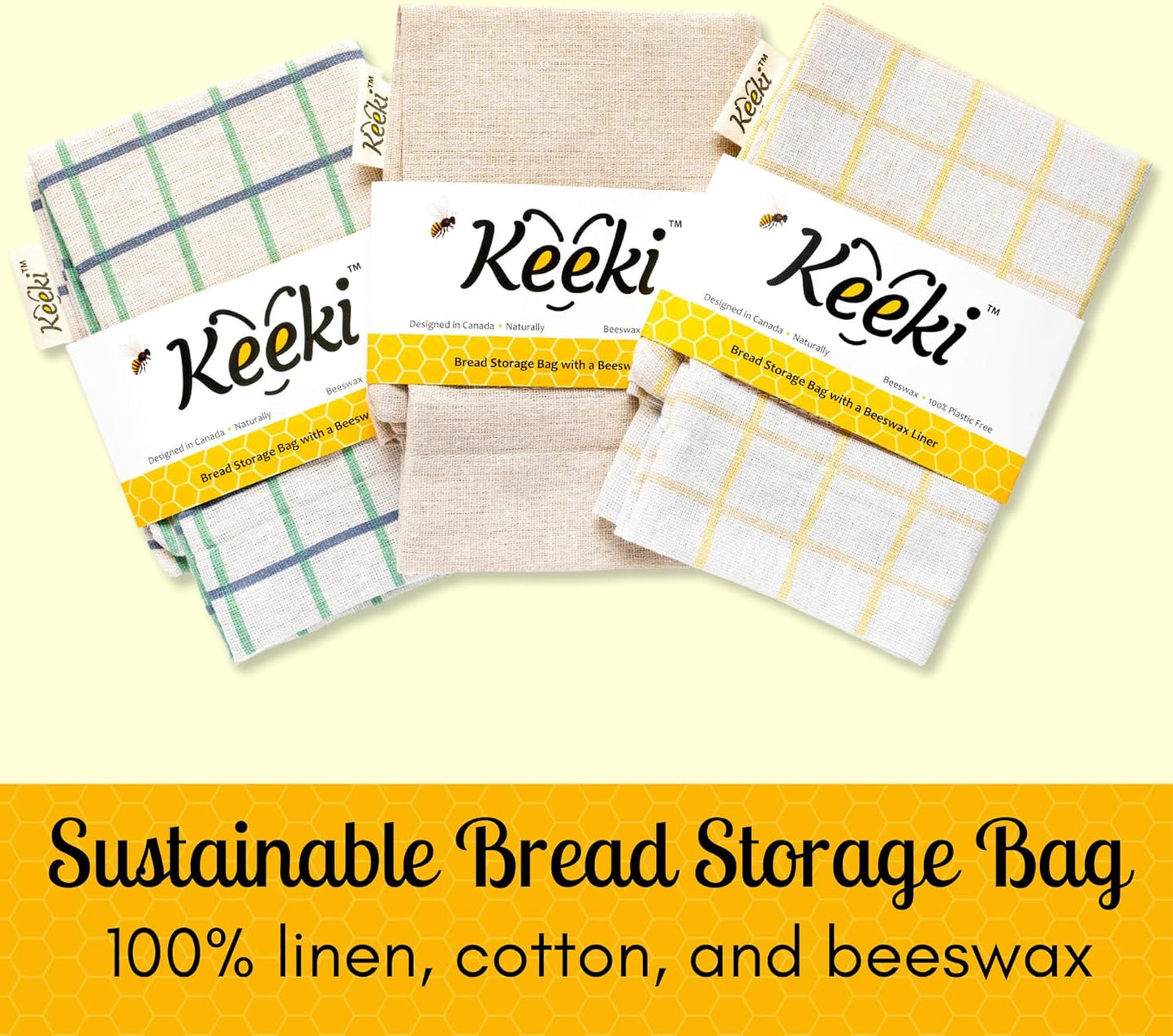 Keeki Bag - The Original Beeswax Lined Bread Bag for Homemade & Sourdough | Reusable Linen Bread Storage | Beeswax Wrap Alternative | Plastic-Free Storage w/Wide Drawstring Closure (Natural)