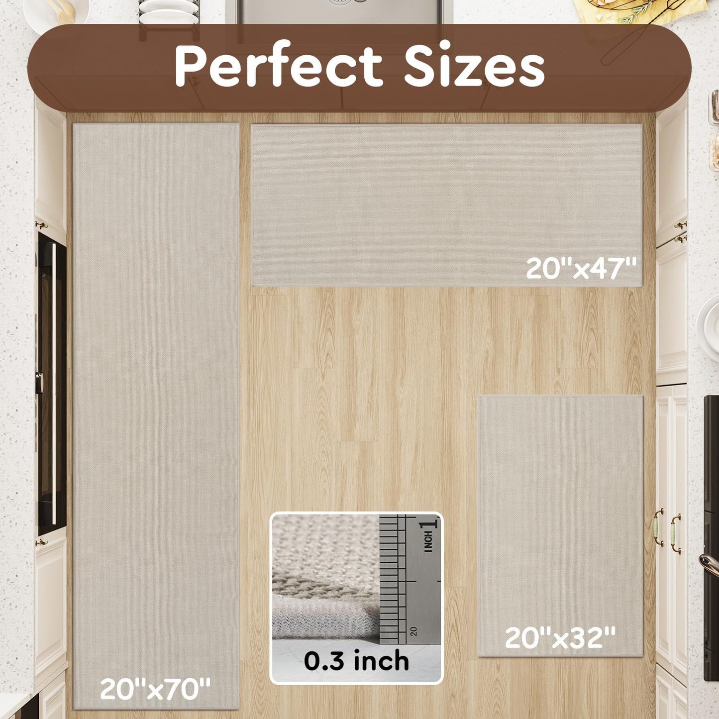 tchdio Kitchen Mats for Floor, Rubber Backed Kitchen Rugs Non Slip Washable, Superior Absorbent Kitchen Runner Rug Easy to Clean, Comfort Kitchen Floor Mat Front of Sink (Light Beige, 20" × 32")