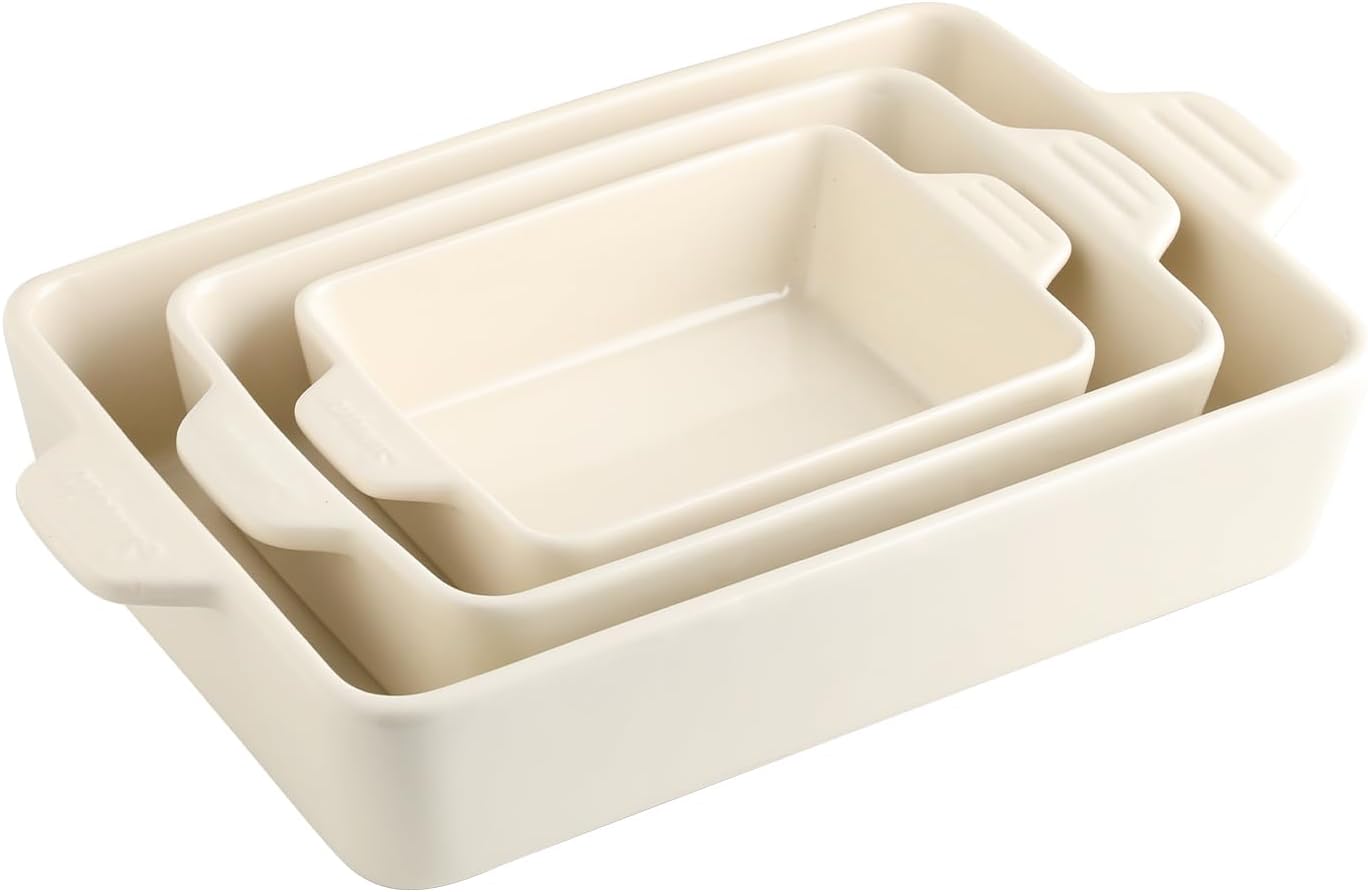 Sweejar Ceramic Bakeware Set, Rectangular Baking Dish for Oven Lasagna Pans for Cooking, Kitchen, Cake Dinner, Banquet and Daily Use, 11.8 x 7.8 x 2.76 Inches of Casserole Dishes (Beige)