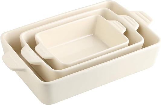 Sweejar Ceramic Bakeware Set, Rectangular Baking Dish for Oven Lasagna Pans for Cooking, Kitchen, Cake Dinner, Banquet and Daily Use, 11.8 x 7.8 x 2.76 Inches of Casserole Dishes (Beige)