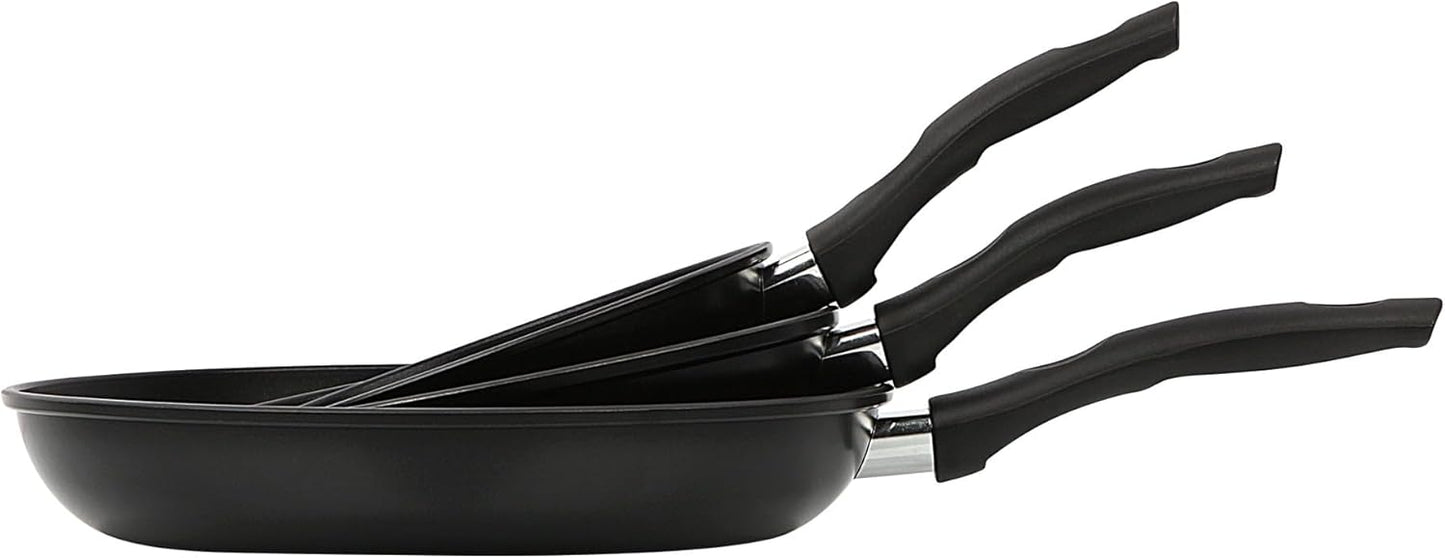 3-Piece Non-Stick Aluminum Skillet Set - Black, Includes 7", 9", and 11" Sizes for Versatile Cooking, Durable and Easy to Clean, User-Friendly Design.