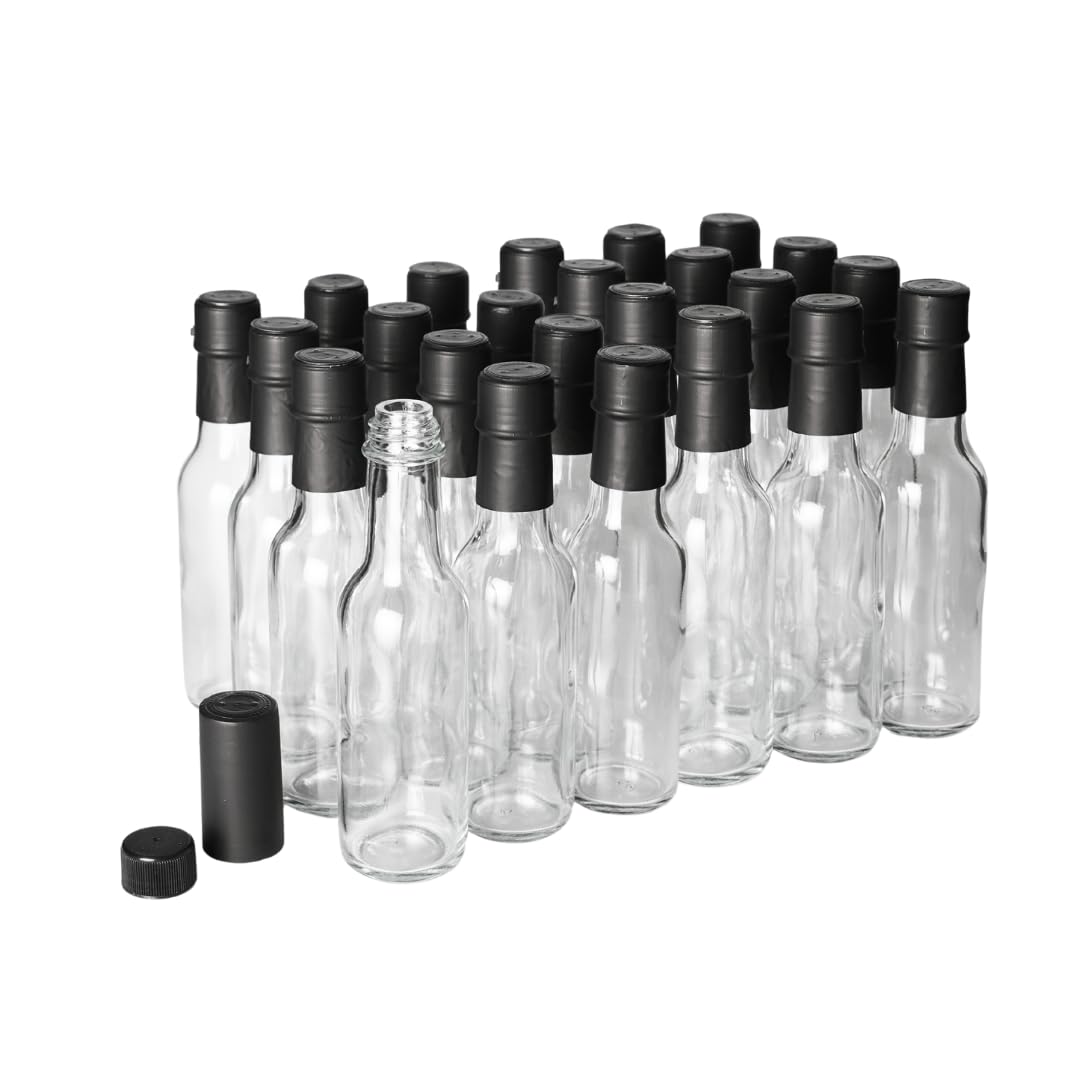 FastRack - 5oz Woozy Bottles for Hot Sauce, Pack of 24 with Black Plastic Caps & Shrink Sleeves, Empty, Clear Glass bottles with Leakproof Cap - No Dripper Included