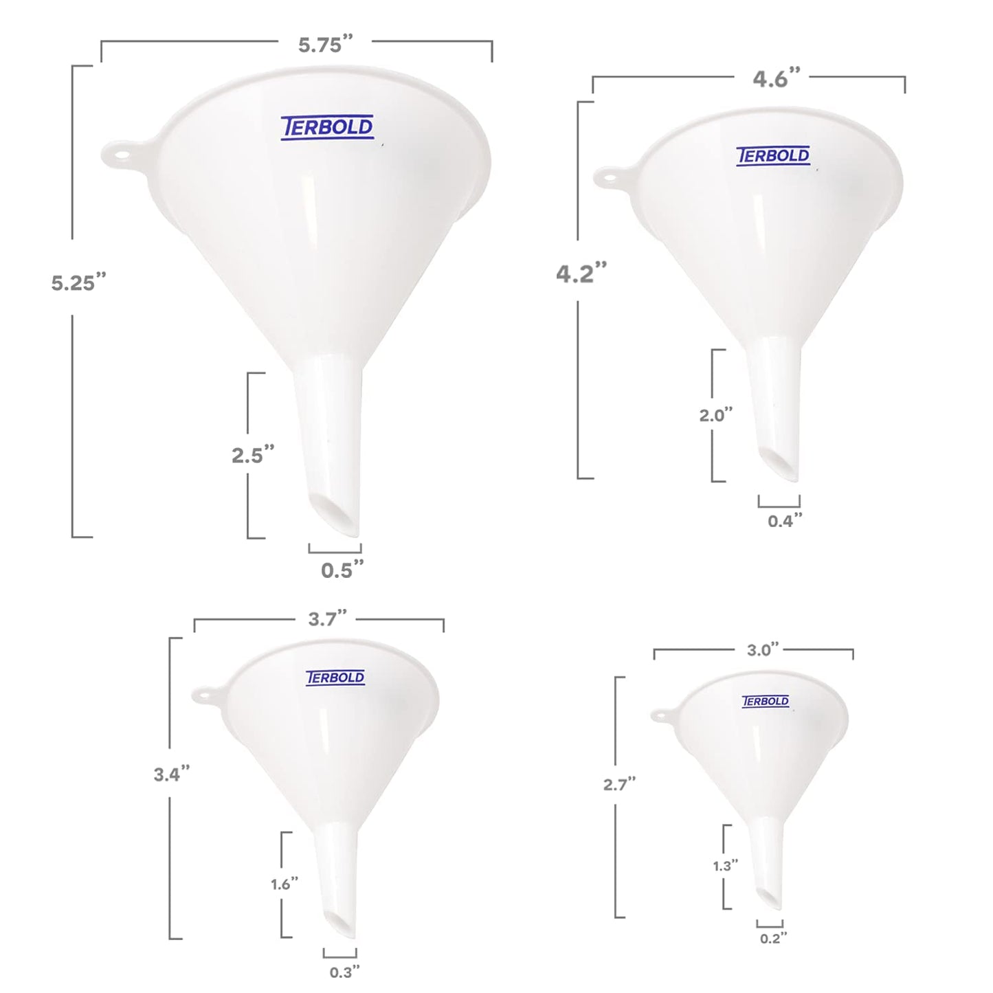 4pc Funnel Nesting Set in BPA Free Plastic for Kitchen Cooking, Car Oil, Home, or Lab Use (White)