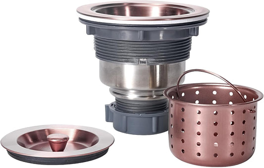 KONE 3/1-2 Inch Sink Drain Assembly Antique Copper Kitchen Sink Drain Kit Copper Stainless Steel Sink Basket Strainer Rubber Stopper, Sealing Lid/Removable Deep Waste Basket for Home, Kitchen