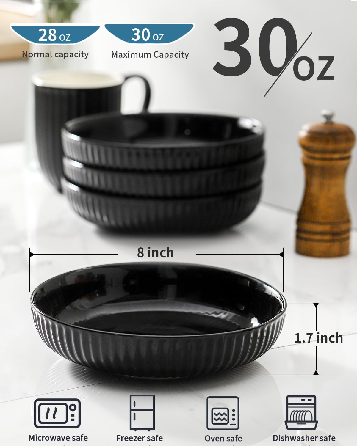 Hasense Pasta Bowls Set of 2, 30 oz Large Pasta Serving Bowls, 8 Inch Salad Bowls for Kitchen, Wide and Shallow Pasta Plates, Ideal Home Decor for Mother's Day Present, Microwave & Dishwasher, Black