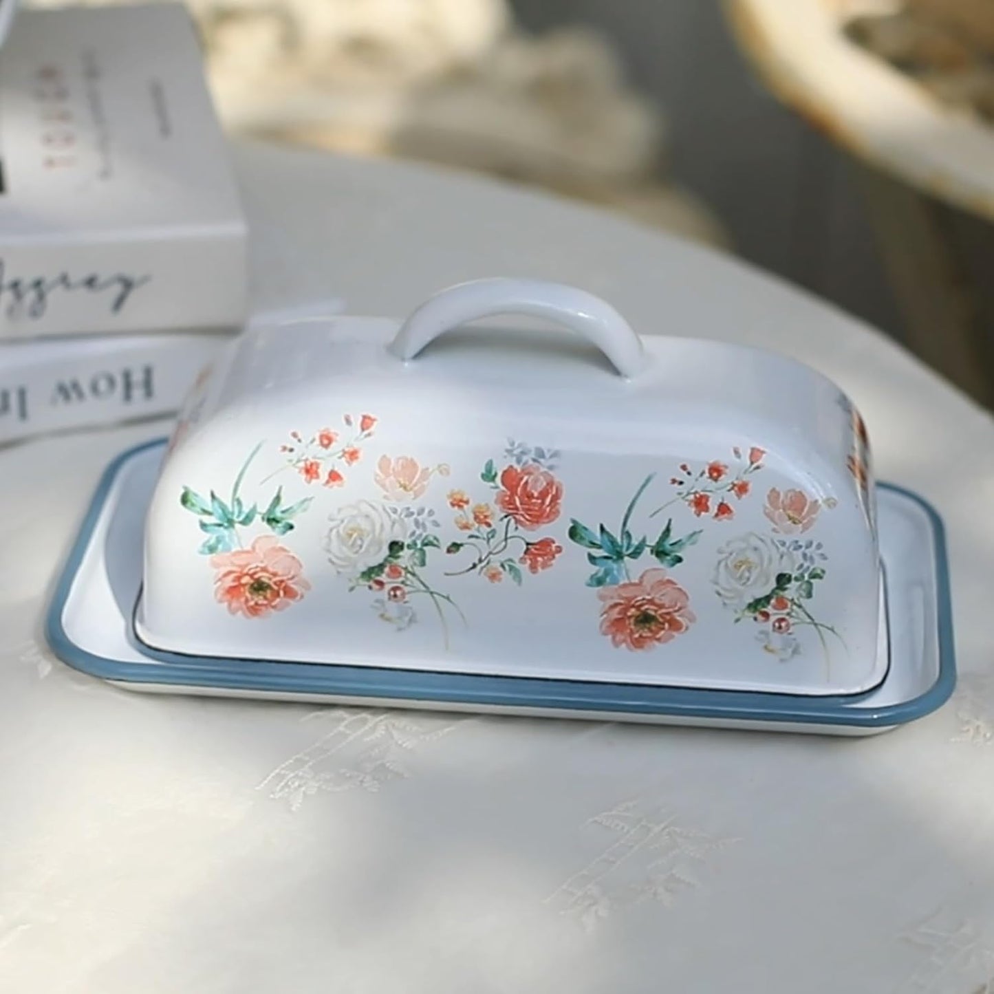 Enamel Butter Dish with Lid Vintage Enamelware Butter Holder with Flower Design Farmhouse Butter Container Butter Storage with Tray for Countertop Kitchen Decor