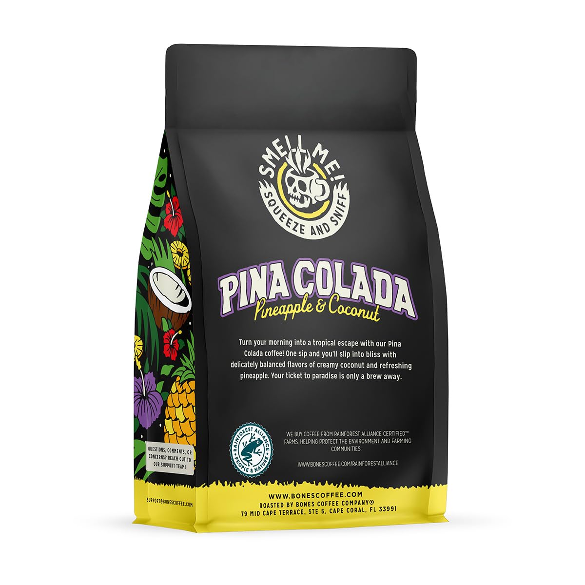 Bones Coffee Company Pina Colada, Pineapple and Coconut Flavored Coffee, Medium Roast Low Acid Arabica Beans Compatible with Auto drip and French Press Coffee Maker, 12 Oz Ground