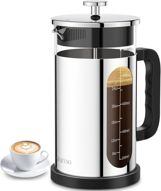 French Press Coffee Maker, 304 Stainless Steel Cold Brew Coffee Maker with 4 Filter, Heat Resistant Borosilicate Glass, Easy to Clean, BPA Free Iced Coffee Maker Rust-Free Coffee Press, 34ounce,Silver