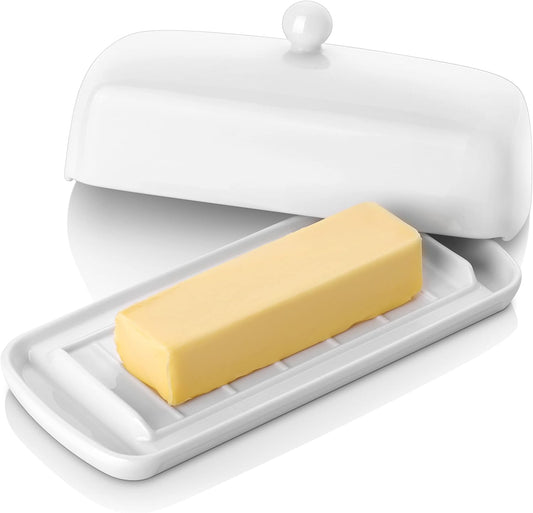 Nucookery Porcelain Butter Dish - Clean Table Design - Ceramic Butter Dishes with Lid for Countertop with Raised Non-Slip Strip - Holds 1 Standard Butter Stick - Easy to Clean & Dishwasher Safe. White