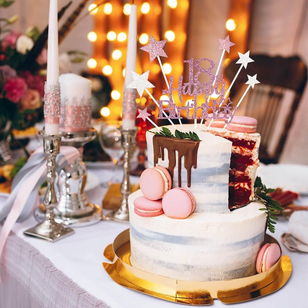 Glittery 18th Happy Birthday Cake Topper with Star,Personalised 18 Birthday Cake Toppers Party Decorations Party Supplies for Boys Girls Rose Gold