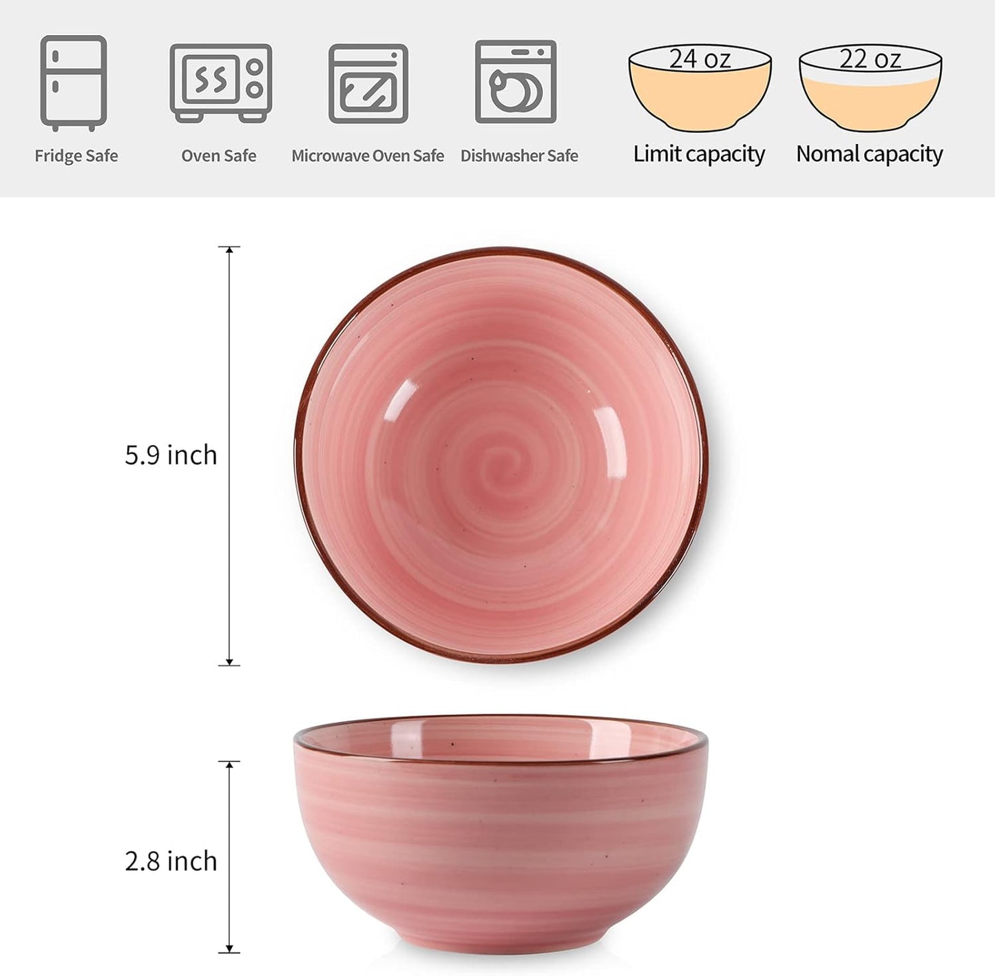 Selamica Ceramic 24 Oz Cereal Bowls Set, Deep Soup Bowls, 5.9 Inch Porcelain Kitchen Bowls for Pasta Salad Dessert Oatmeal Ramen, Microwave Dishwasher Safe, Set of 6, Gradient Color