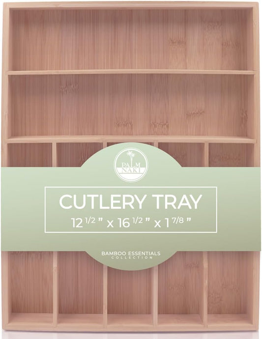 PALM NAKI Silverware Organizer Premium Bamboo Cutlery Organizer Tray - Kitchen Drawer Organizer for Silverware, Utensils - Flatware Organizers - Kitchen Organization (Natural Classic, 7 Slots)