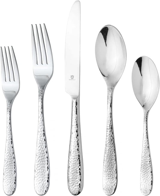 Hammered Silverware Set | Premium 18/10 Stainless Steel Flatware Service for 16 | Heavy-Duty & Dishwasher Safe | Built to Last (80-Piece, Fidenza Hammered)