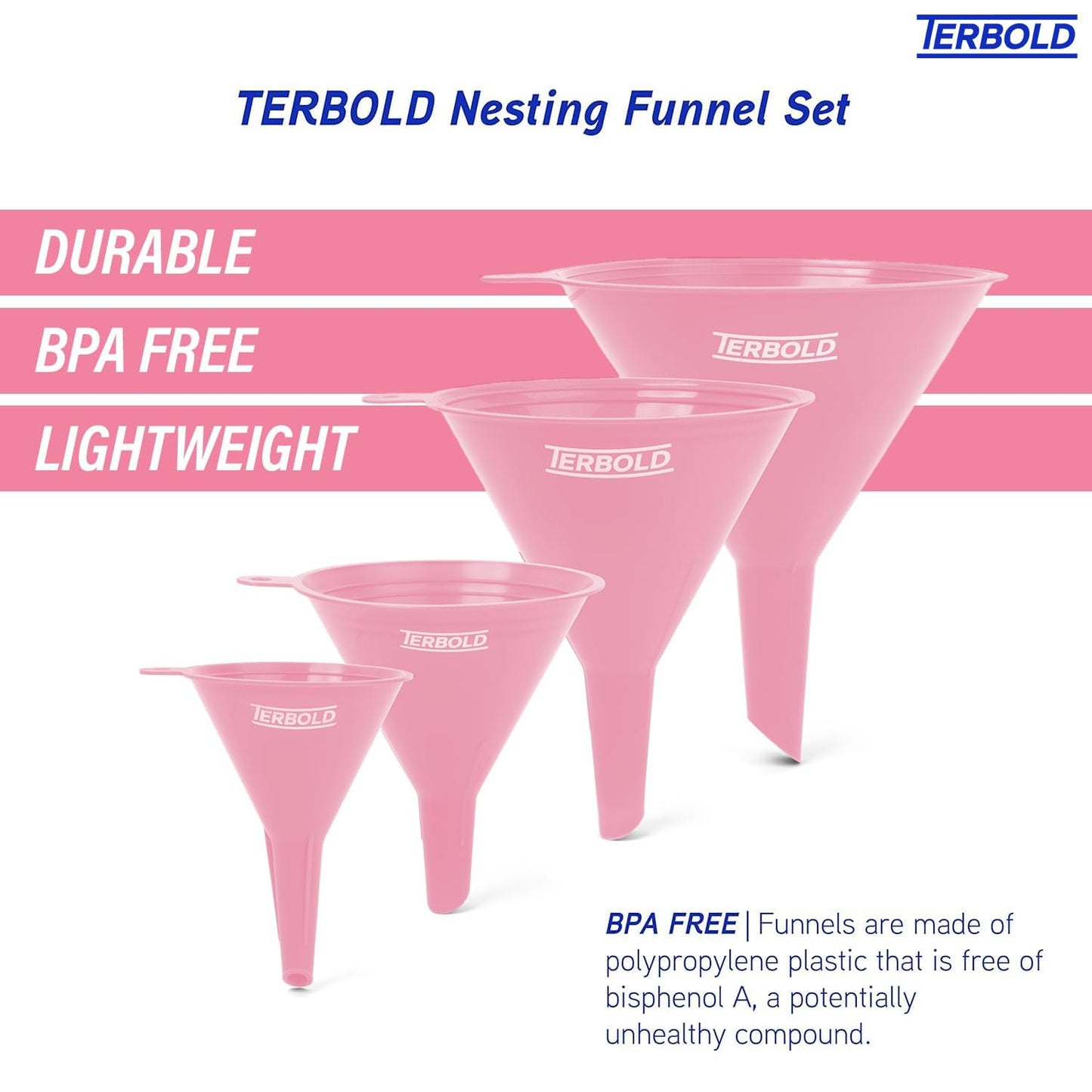 4pc Funnel Nesting Set in BPA Free Plastic for Kitchen Cooking, Car Oil, Home, or Lab Use (Pink)