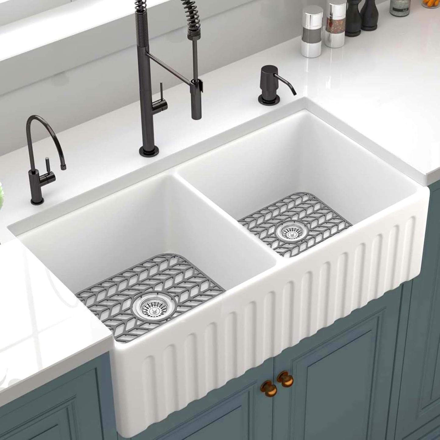 GUUKIN Sink Protectors for Kitchen sink, 12.25"x 11.5" Folding Non-slip Silicone Sink Mat Grid for Bottom of Farmhouse Stainless Steel Porcelain with Central Hole Pack of 2