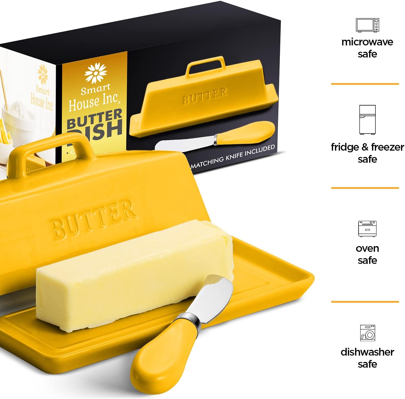 Ceramic Butter Dish Set with Lid and Knife - [Yellow]- Decorative Butter Stick Holder with Handle for 1 Stick of Butter - Microwave Safe, Dishwasher Safe - Anti-Scratch Stickers Included