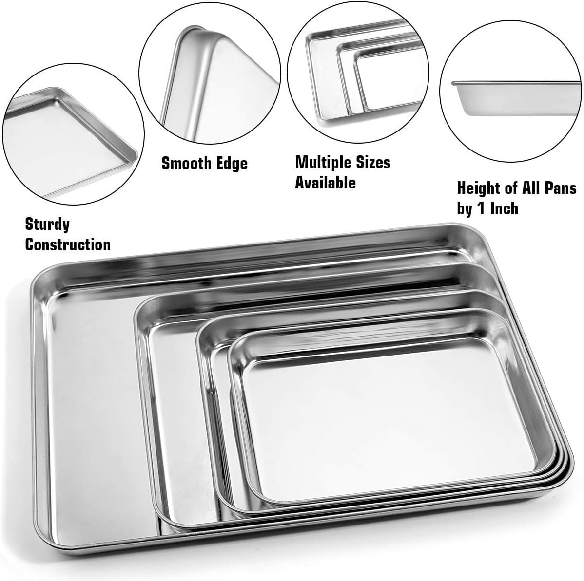 Baking Sheet Set of 4, Yododo Stainless Steel Baking Pan Tray Cookie Sheet, Non Toxic & Healthy, Mirror Finish & Rust Free, Easy Clean & Dishwasher Safe (16inch 12inch 10inch 9inch)