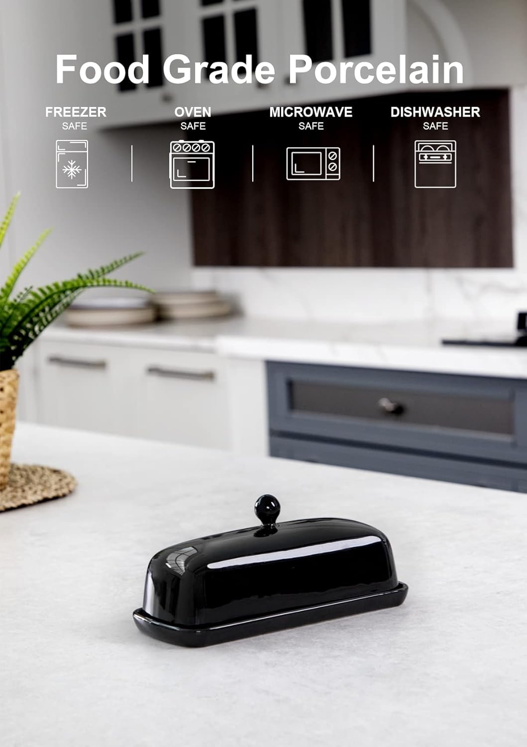 Nucookery Ceramic Butter Dish with Lid | Raised Legs and Non-Slip Strip Design | Porcelain Health | Dishwasher Safe, Black