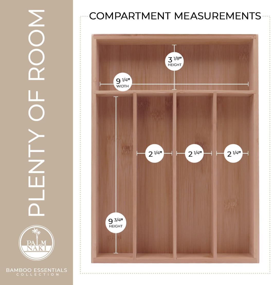 PALM NAKI Silverware Organizer Premium Bamboo Cutlery Organizer Tray - Kitchen Drawer Organizer for Silverware, Utensils - Flatware Organizers - Kitchen Organization (Natural Classic, 5 Slots)
