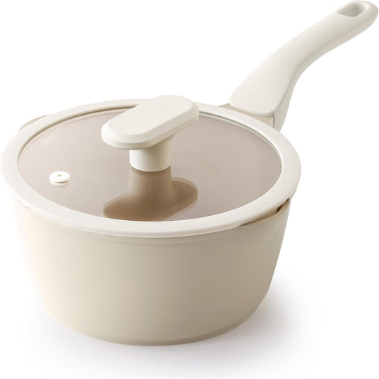 PRICUSIS Ceramic Nonstick Saucepan with Lid, 2 Quart Non Toxic Pot with Pour Spouts, Full Coated, 100% Dishwasher Safe, Induction Compatible & Oven Safe, PTFE PFAS & PFOA Free, Coconut White
