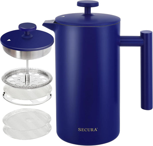Secura French Press Coffee Maker, Double-Wall 304 Grade Stainless Steel Coffee Press with 2 Extra Screens, 34oz (1L), Blue