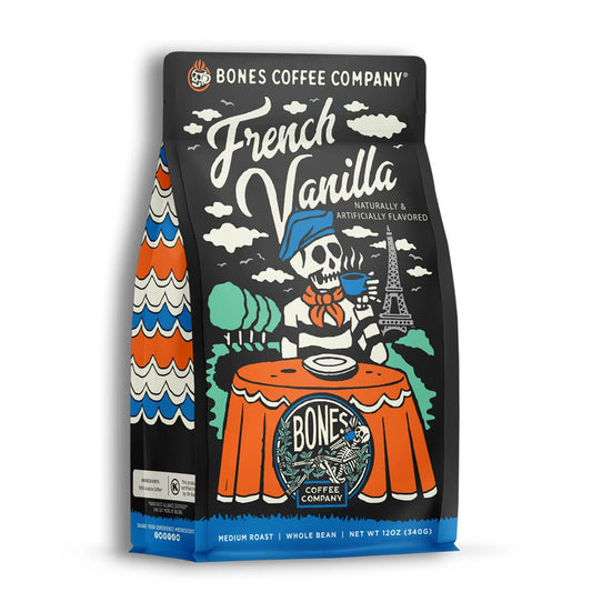 Bones Coffee Company French Vanilla, Creamy Vanilla Flavored Coffee, Medium Roast Low Acid Arabica Beans Compatible with Auto drip and French Press Coffee Maker, 12 Oz Whole Bean