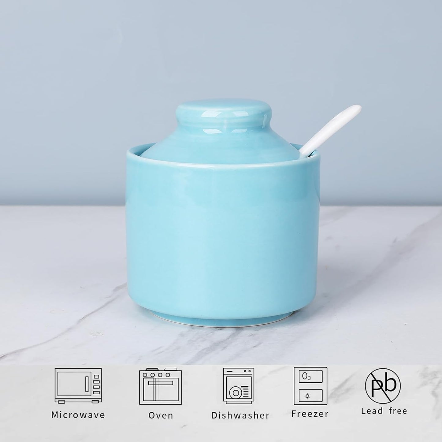 HAOTOP 8 oz Sugar Bowl with Lid and Spoon,Ceramic Sugar Jar Sugar Dispenser Sugar Container Coffee Bar Accessories, Kitchen Countertop Canisters (Turquoise)