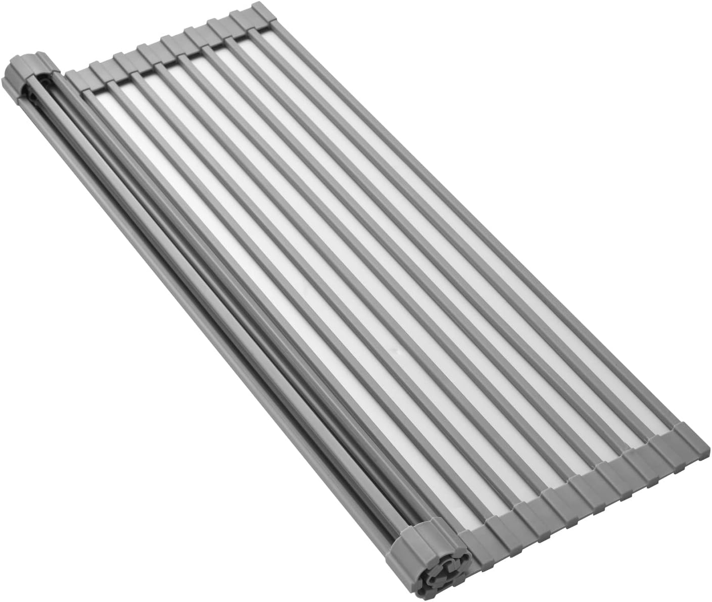 Silicone-Coated Stainless Steel Over The Sink Multipurpose Roll-Up Dish Drying Rack, 20.8"X13.2", Heat Resistant Non Slip Dish Draining Rack BPA Free Dishwasher Safe (L, Gray)