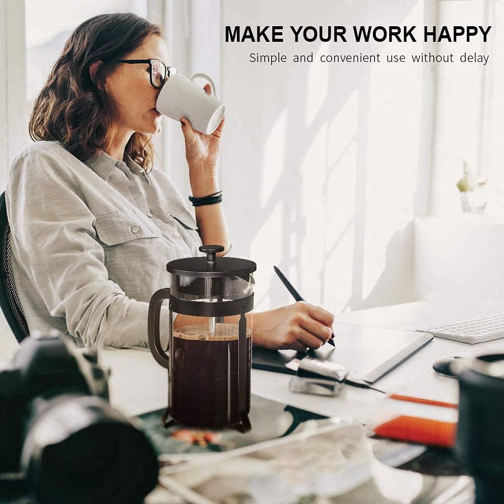 QUQIYSO French Press Coffee Maker 34oz 304 Stainless Steel French Press with 4 Filter, Heat Resistant Durable, Easy to Clean, Borosilicate Glass Coffee Press, 100% BPA Free Glass Teapot, Black