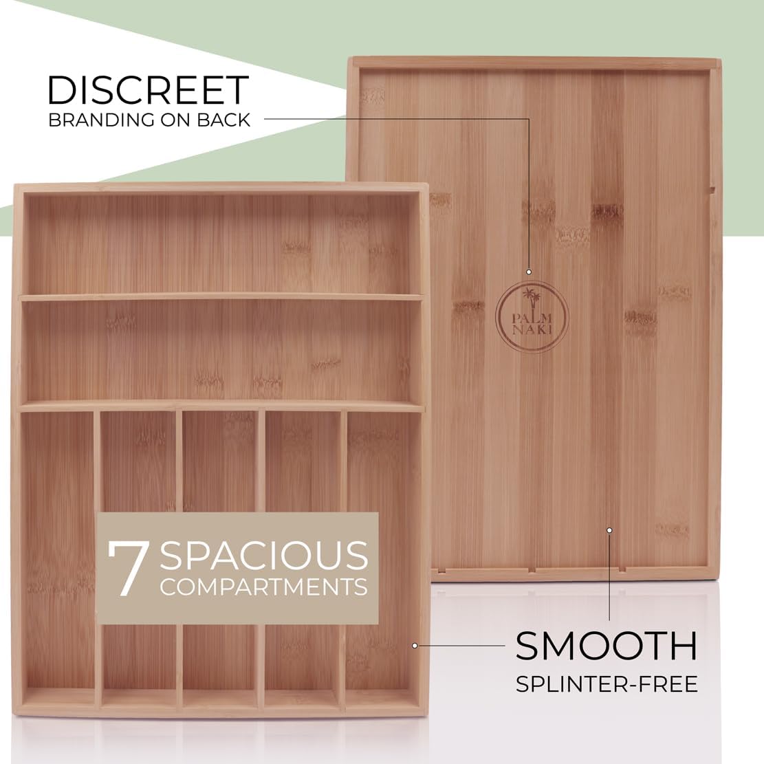 PALM NAKI Silverware Organizer Premium Bamboo Cutlery Organizer Tray - Kitchen Drawer Organizer for Silverware, Utensils - Flatware Organizers - Kitchen Organization (Natural Classic, 7 Slots)