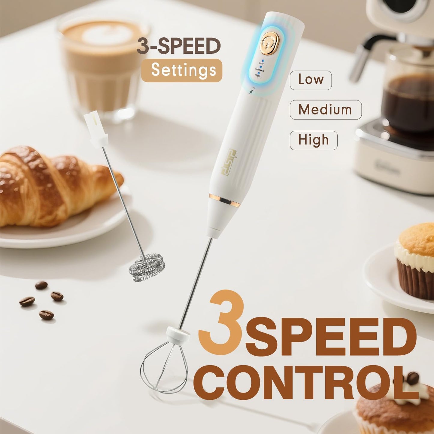 DSP Electric Whisk Rechargeable with Egg whisk milk frothing bar, 3 Speed Adjustable, Milk Frother Handheld for Latte, Cappuccino (White)