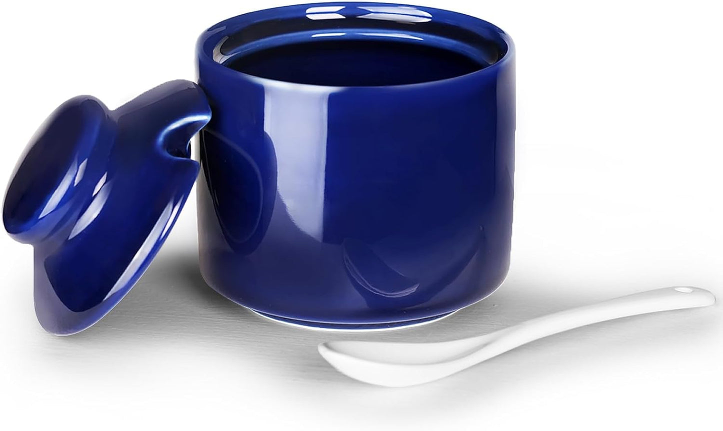 HAOTOP 8 oz Sugar Bowl with Lid and Spoon,Ceramic Sugar Jar Sugar Dispenser Sugar Container Coffee Bar Accessories, Kitchen Countertop Canisters (Navy)