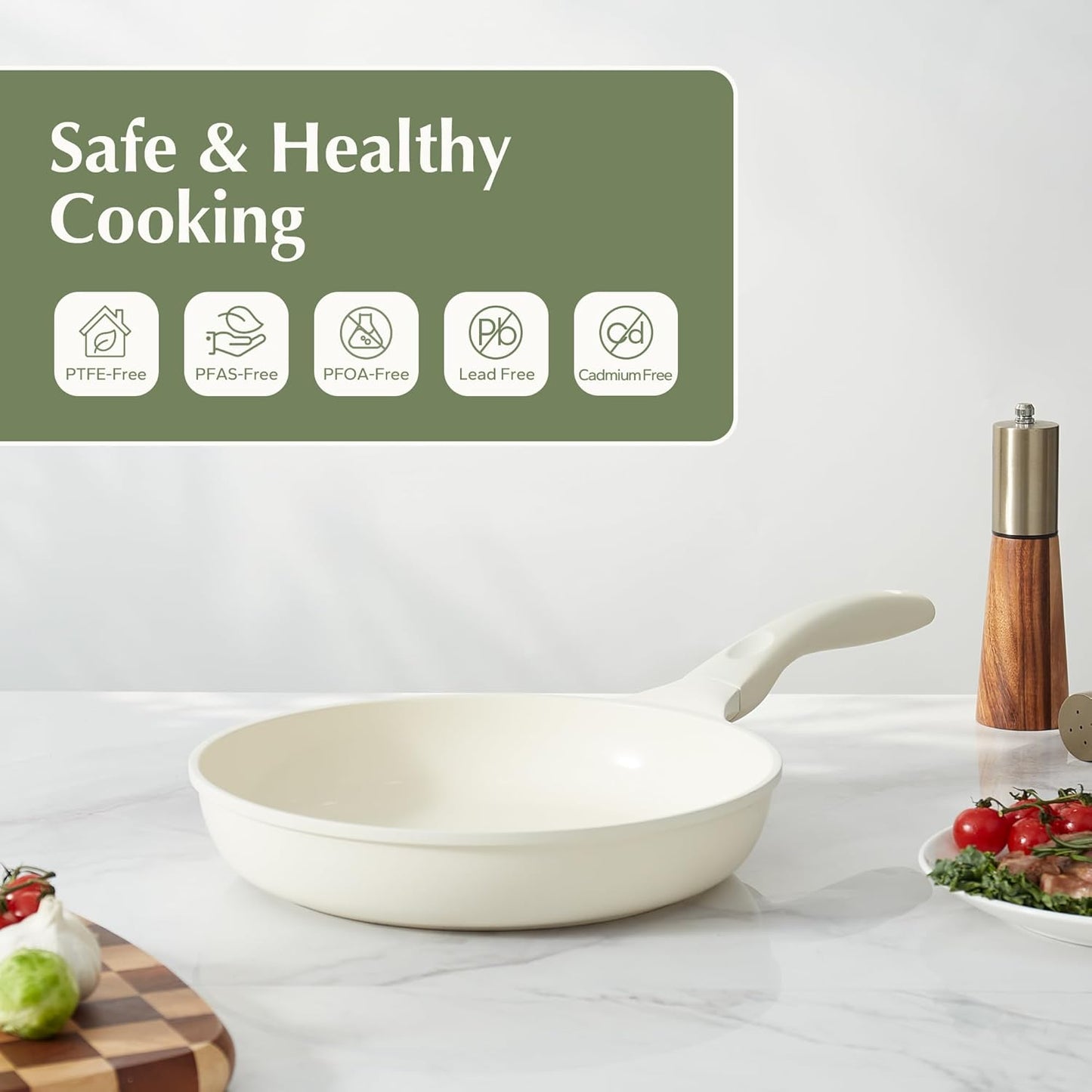 Redchef Ceramic Pan Nonstick, Nonstick Frying Pan, Large Fry Pans, PFAS & PFOA-Free, Non-Toxic, Induction Compatible Pans, Ergonomic Handles, Suitable for All Stove, Beige White, 11"