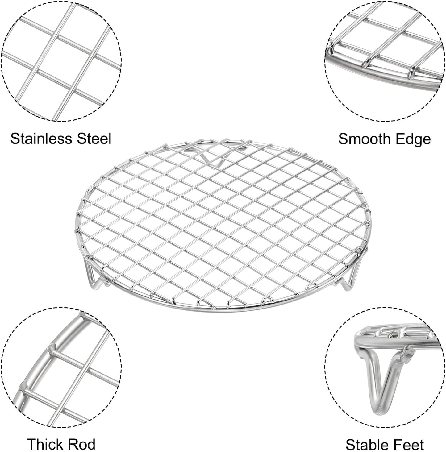 uxcell Round Cooking Rack with Legs, Dia 7.5 Inch 304 Stainless Steel Barbecue Grill for Cooking Baking Barbecue Air Fryer Racks, Silver