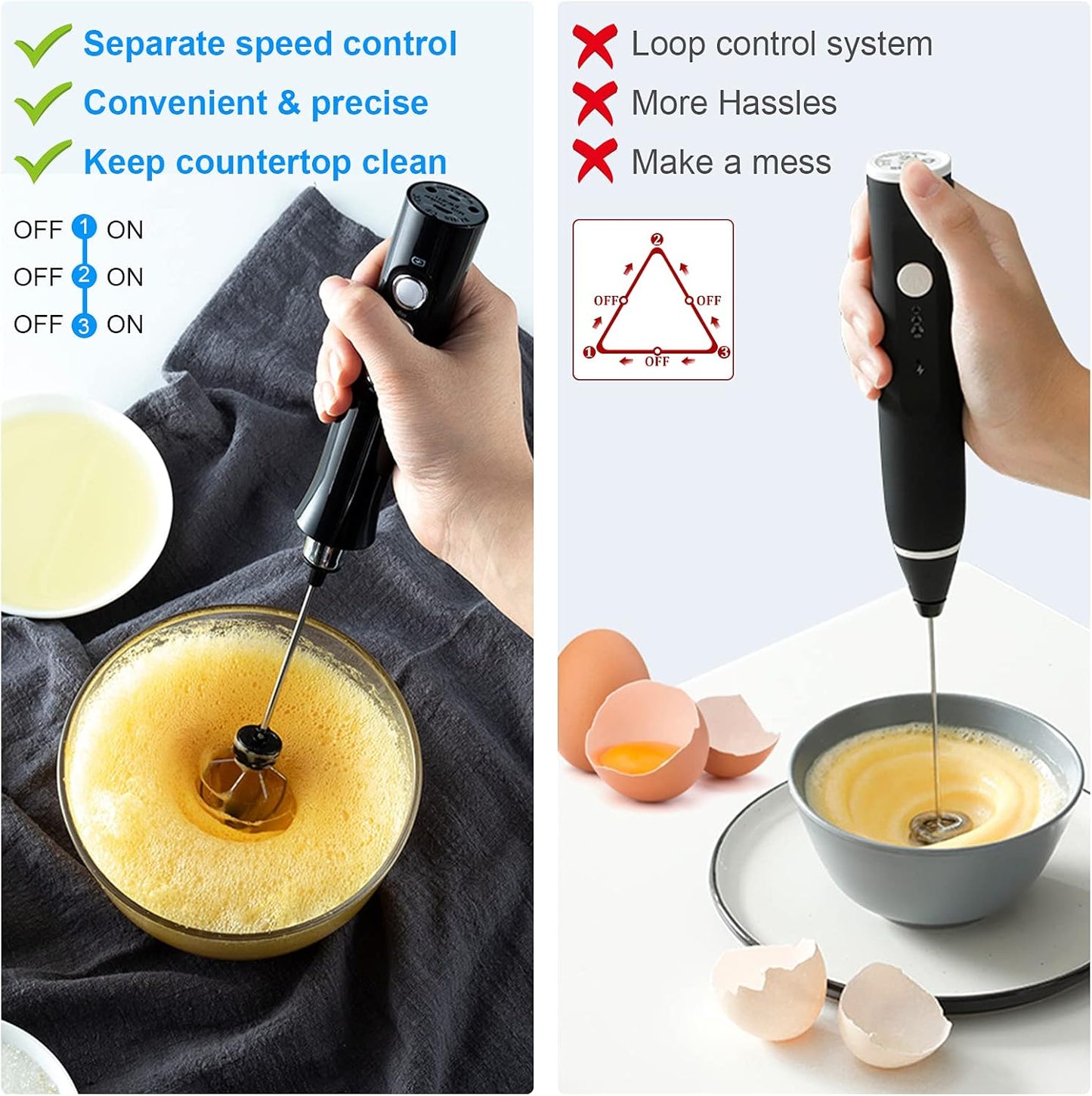 WanderLand Rechargeable Handheld Milk Frother Wand for Coffee,Drink Mixer with Stainless 2 Whisks, Electric Whisk 3 Speeds Adjustable, for Latte, Cappuccino, Hot Chocolate （Black）