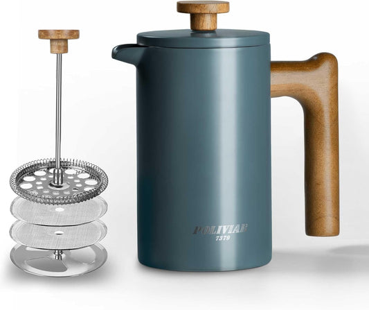 POLIVIAR French Press Coffee Maker, 21 oz Coffee Press with Real Wood Handle, Double Wall Insulation & Dual-Filter Screen, Food Grade Stainless Steel for Good Coffe and Tea, JX2024-SFPU