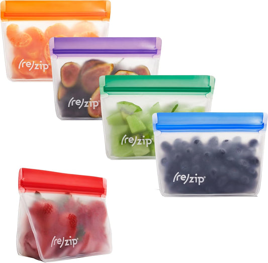 (re) zip 5-pack Stand-Up Reusable Bags | BPA-Free, Food Grade, Leakproof, Freezer and Dishwasher Safe | 5 Snack-Size Bags (1-Cup / 8-Oz) | Jewel Tones for Easy Organization