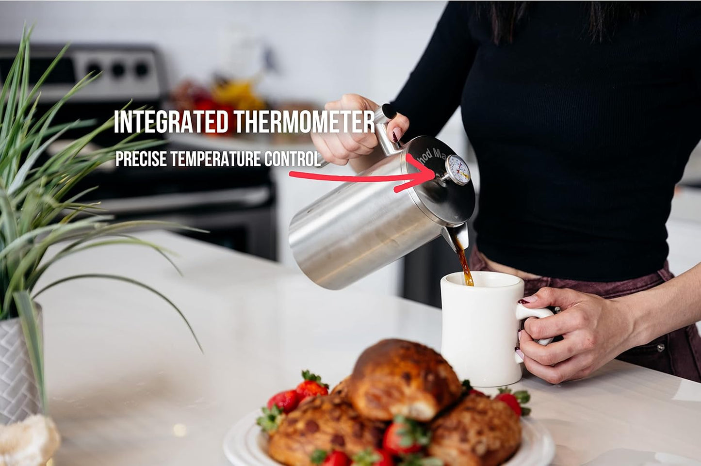 Barista Warrior French Press with Thermometer - Insulated Coffee Press - Stainless Steel Coffee Maker (1.0L, 34 fl oz, Gray)