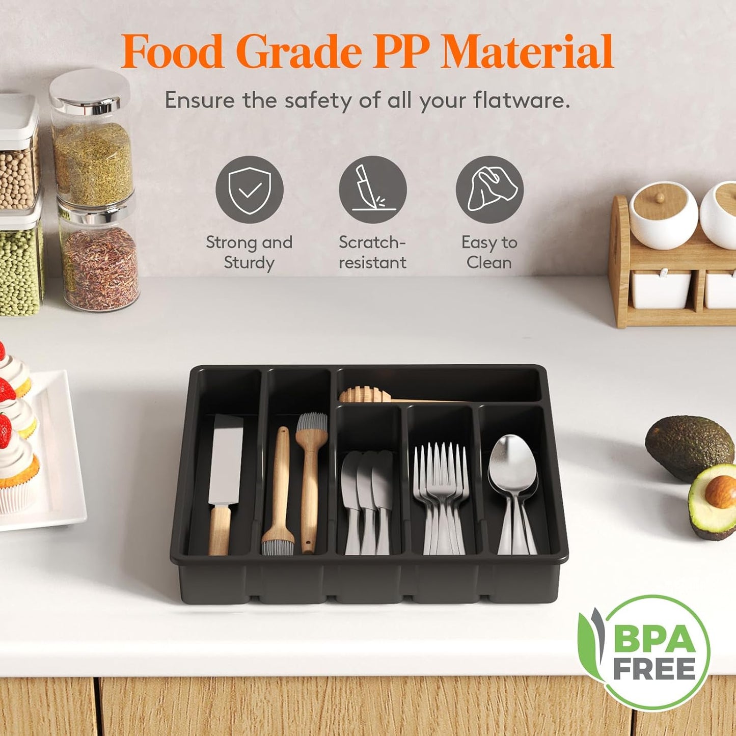 Lifewit Silverware Drawer Organizer Tray, Plastic Cutlery Storage for Kitchen Drawer, Flatware and Utensil Holder Divider for Spoons Forks Knives Tableware, 6 Compartment, Black