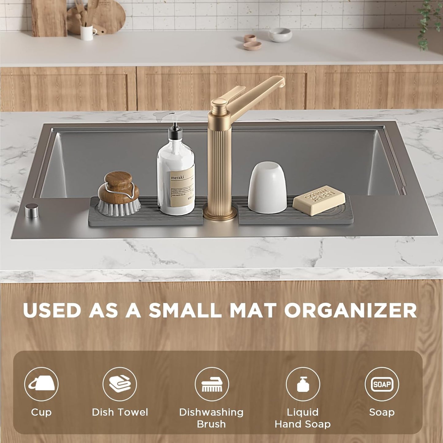 Faucet Mat for Kitchen Sink, Diatomite Stone Drying Sink Protectors, Bathroom Faucet Splash Guard, Quick Dry Water Absorbing, Non-Slip Stone Tray for Kitchen Counter, Grey, 15.7" x 3.9"